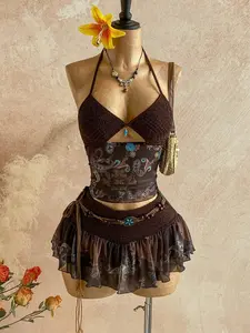 Ladies' Retro Paisley Printed Hook Flower Two Piece Set, Bohemian Hanging Neck Strap+Ruffled Half Skirt Set, American Retro Y2K, Ethnic Style Splicing Mesh Hot Girl Set, Suitable for Casual, Vacation, Date Wearing in Spring, Summer, and Autumn