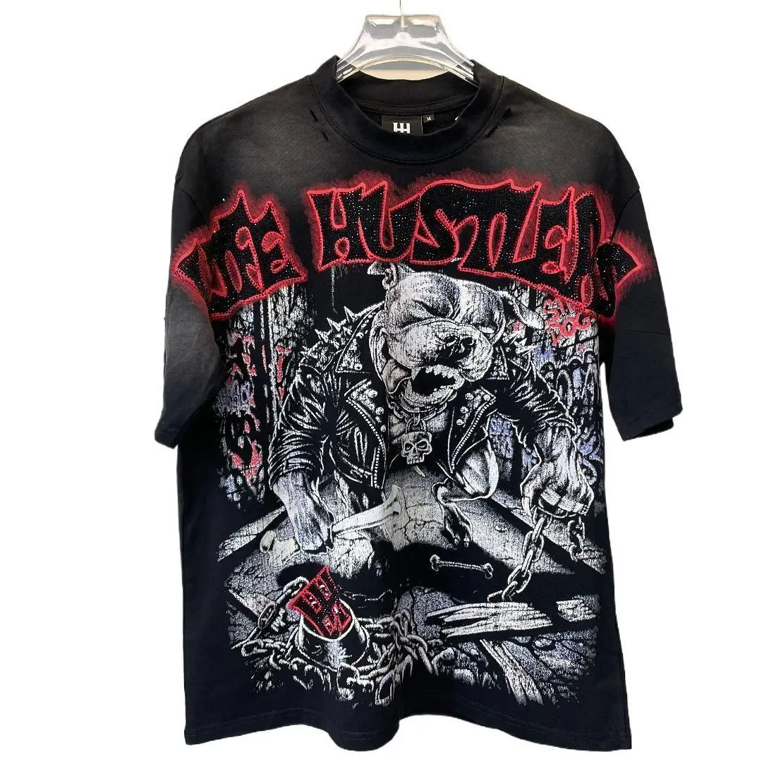 Unisex Oversized Vintage Black Graphic Tee, LIFE HUSTLERS UFO Alien Washed Distressed Rhinestone T-Shirt, Y2K Hip Hop Grunge Sci-Fi Short Sleeve, Moisture Wicking Streetwear Top for 2026 Summer Coachella Festival Outfits | oversized tee