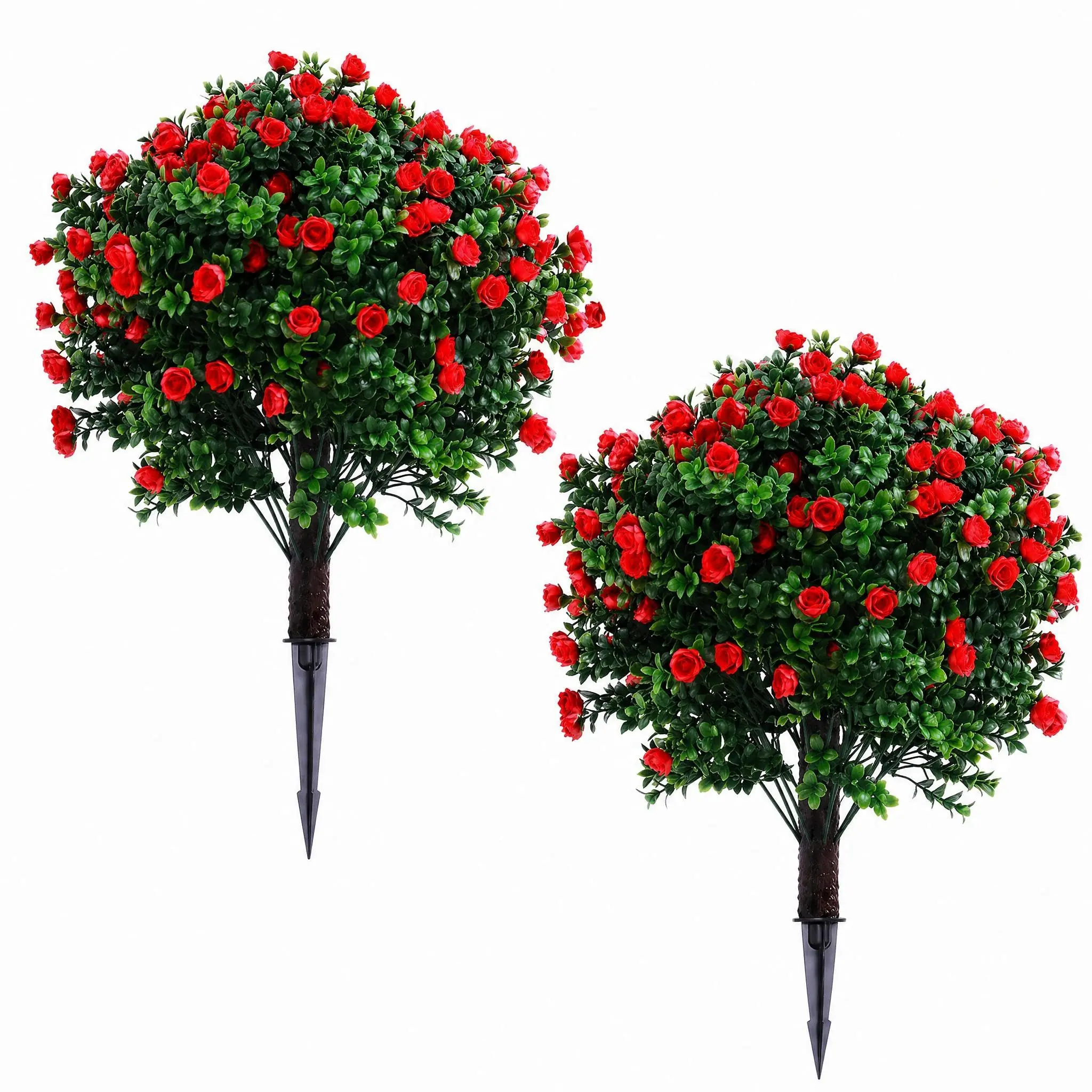2PC UV Resistant Artificial Rose Topiary Bushes– Realistic Faux Boxwood Decorative Shrubs with Ground Spikes