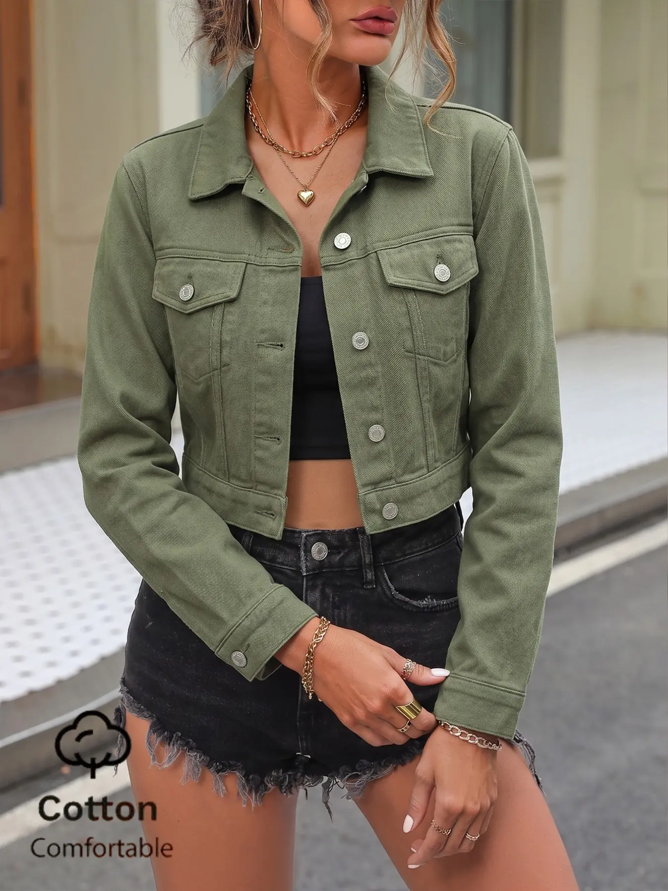 Women's Lapel Long Sleeve Solid Short Denim Jacket, Silver Color Button Front Slim Fit Classic Short Denim Coat, Spring Fall Casual Streetwear Outerwear