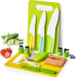 Montessori Kids Knives for Real Cooking, 13 P/ieces Wooden Kids Kitchen Knife Set Include 4 Serrated Edges Plastic Toddler Knife,Crinkle Cutter Y Peeler Cutting Boards and Wood Toddler Safe Knife