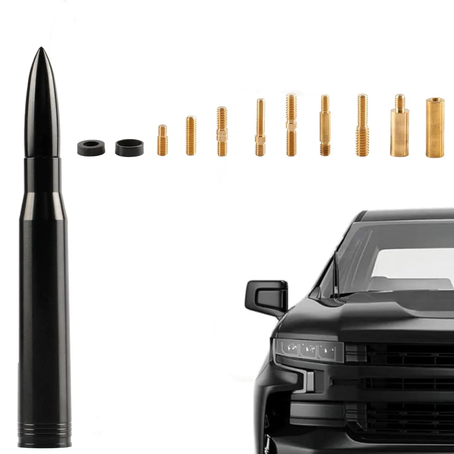 140mm 50 BMG Plastic Bullet Antenna Replacement - 6061 Aluminum Short Optimized Shape, Solidly Built, Car Wash Safe, with 11 Adapters for Chevy, Ford; Unscrew Your Factory Antenna for Simple Setup Easy Install, Off-Road Vehicles