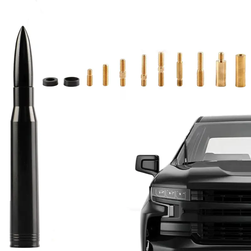5.5" Short Fit 140mm 50 BMG Plastic Bullet Antenna Replacement - 6061 Aluminum, Solidly Built, Car Wash Safe, Screw-Mounted, 11 Adapters for Chevy/Ford Off-Road Vehicles, Easy Installation, Unscrew Your Factory Antenna, Optimized Shape, All Seasons