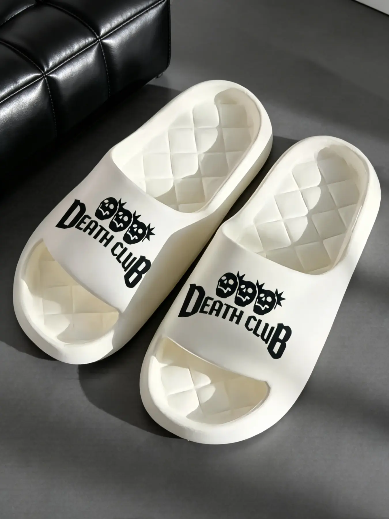 Unisex Death Club Skull Print Cloud Slides, Gothic Grunge Anti-Slip Thick Sole, Indoor Outdoor Bedroom Shoes Pillow Slippers, Size Up for Wide Feet