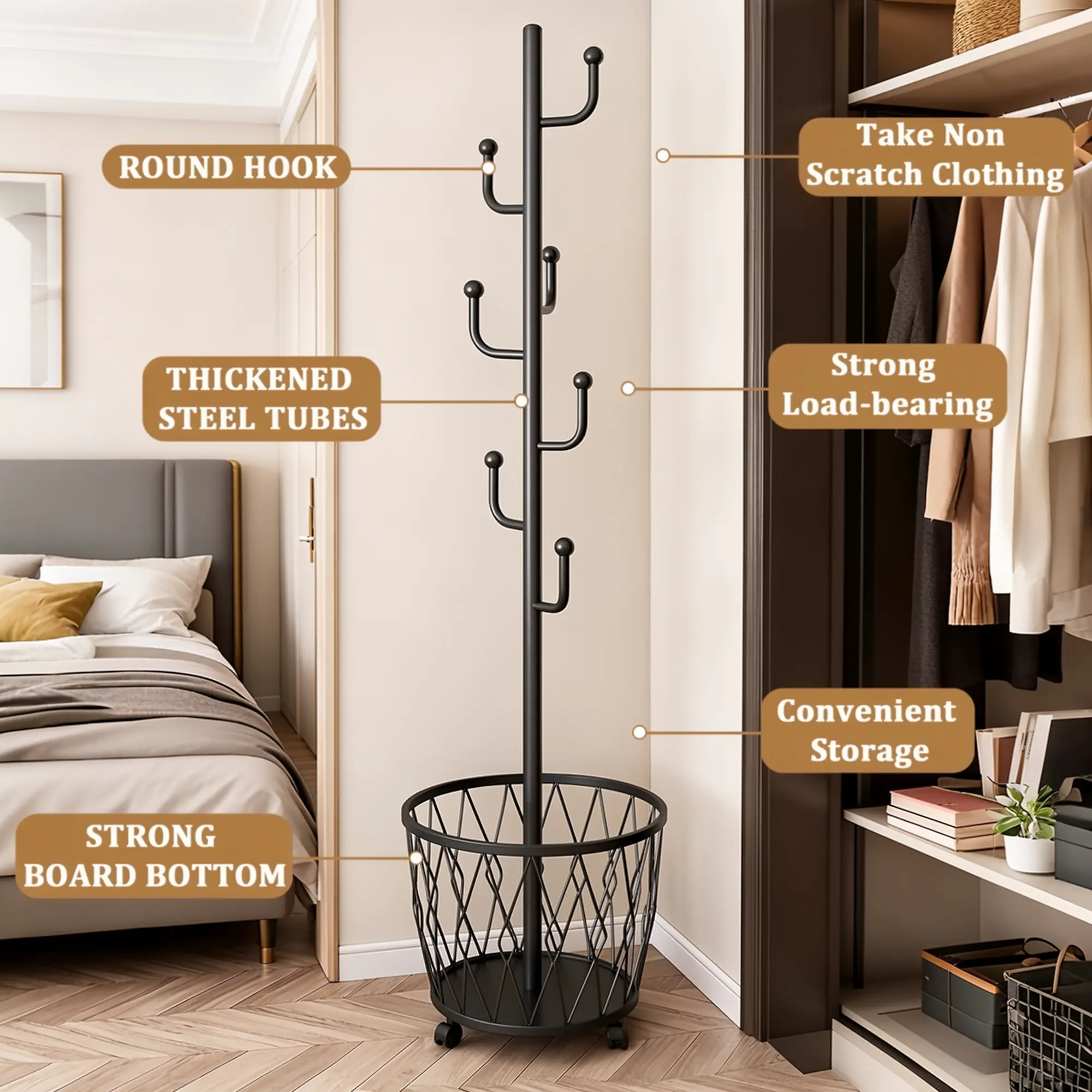 2-in-1 Heavy-Duty Freestanding Rolling Coat Rack with Storage Basket - Mobile Garment Hanger Suitable for Entryway, Bedroom, Living Room, Bathroom - Space-Saving Organizer with Round Hooks & Wheels, Multi-Room Furniture for Mother's Day Gifts