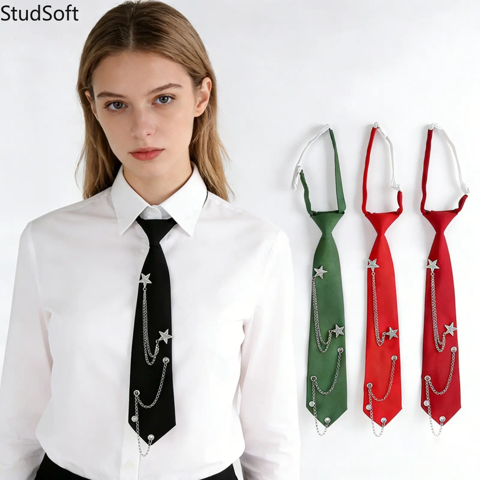 Preppy JK Uniform Skinny Tie for Women, Elastic Neck Strap with Metal Star Chain Pendant for School Girl Cosplay & Halloween, Preppy Look