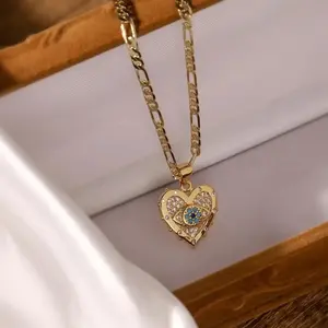 2PCS 14K Gold Plated Open Twist Eternity Blue Eye Pendant Necklace For Women Luxury And Retro Style For Party Wear,summerwins Vintage Paved Crystal Evil Eye Heart Jewelry Set, Figaro Chain Heart Pendant Necklace Matching Drop Earrings
