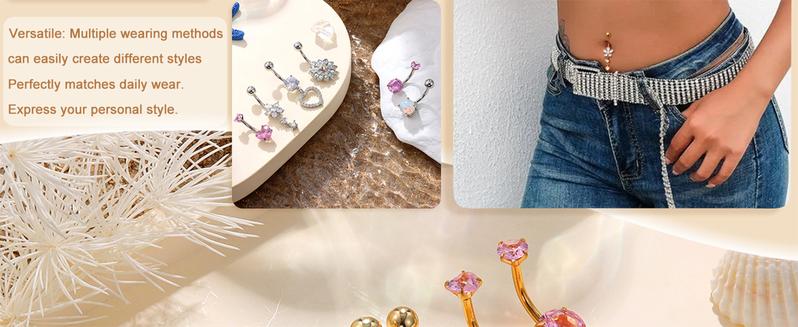 2025 Summer 6PCS Surgical Stainless Steel Dangle Pink Belly Button Rings for Women Heart Flower Cubic Zirconia Dangling Belly Button Piercing Navel Piercings Pack