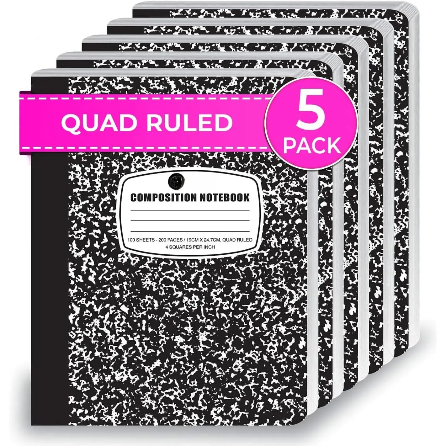 5 Pack Graph Paper Composition Notebooks, Black Graph Notebooks | Quad Ruled Composition Notebook, 200 Pages (100 Sheets), 9-3/4 x 7-1/2, 4x4 Grid Composition Notebook, Sewn Hard Cover