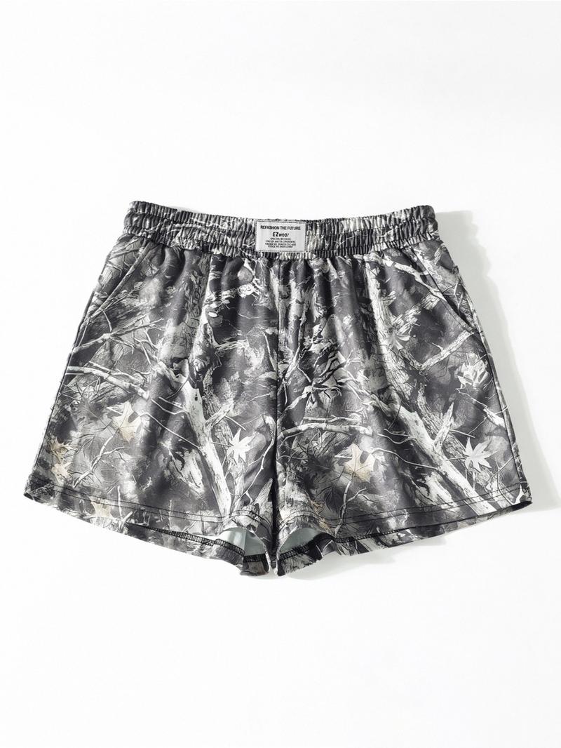 Vintage Street Withered Branch Camo Print Loose-Fit Gym Shorts, Casual All-Season Wear, Moderate Fabric Thickness, Kint Style, Athletic Shorts