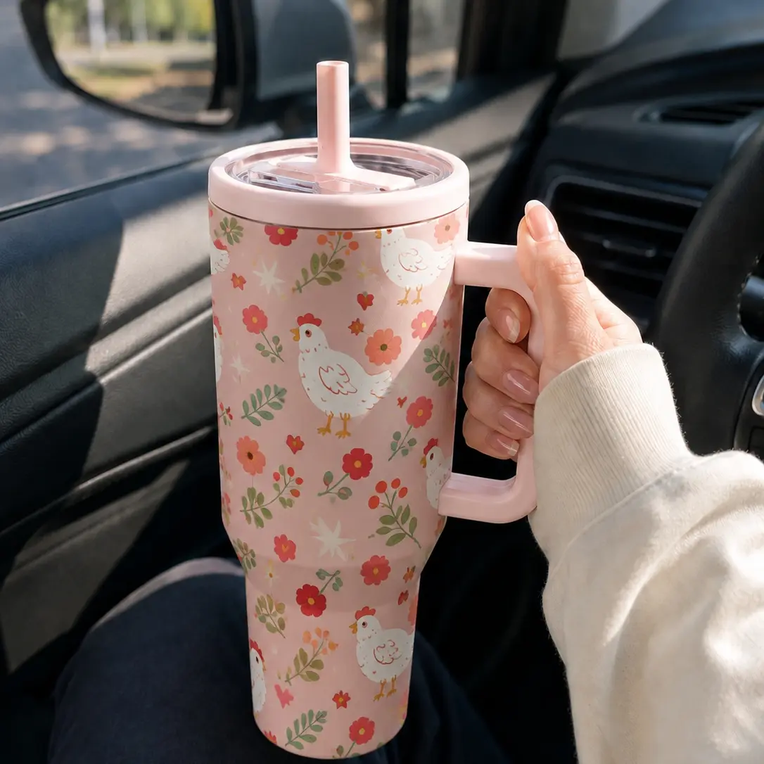 1PC 40oz/30oz Cute Chicken Floral Heart Pattern Insulated Tumbler with Handle & Leak-Proof Lid, Double Wall Vacuum Stainless Steel Travel Mug, Hot 12H Cold 24H, Large Capacity Cup for Men and Women, Birthday Gift