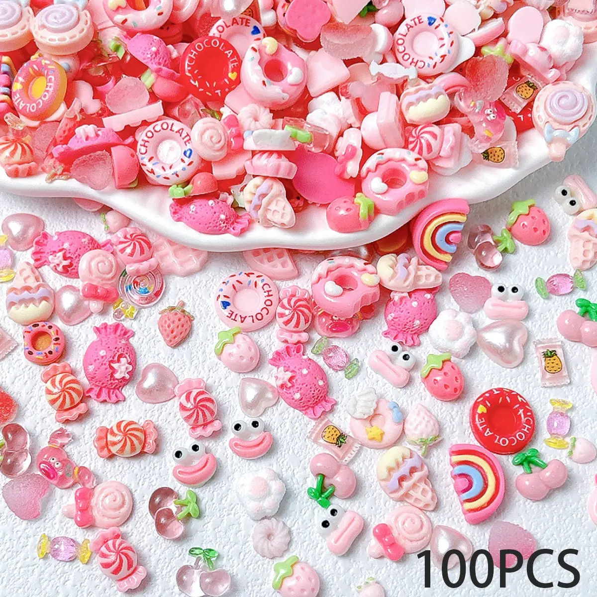 100PCS Kawaii Cartoon Sausage Mouth Cat Claws Resin Nail Charms 3D Creative Simulated Donut Ice Cream Cherry Lollipop Pink Series Nail Decorations Nail Art Set DIY Phone Cases Hairpin Nail Accessories
