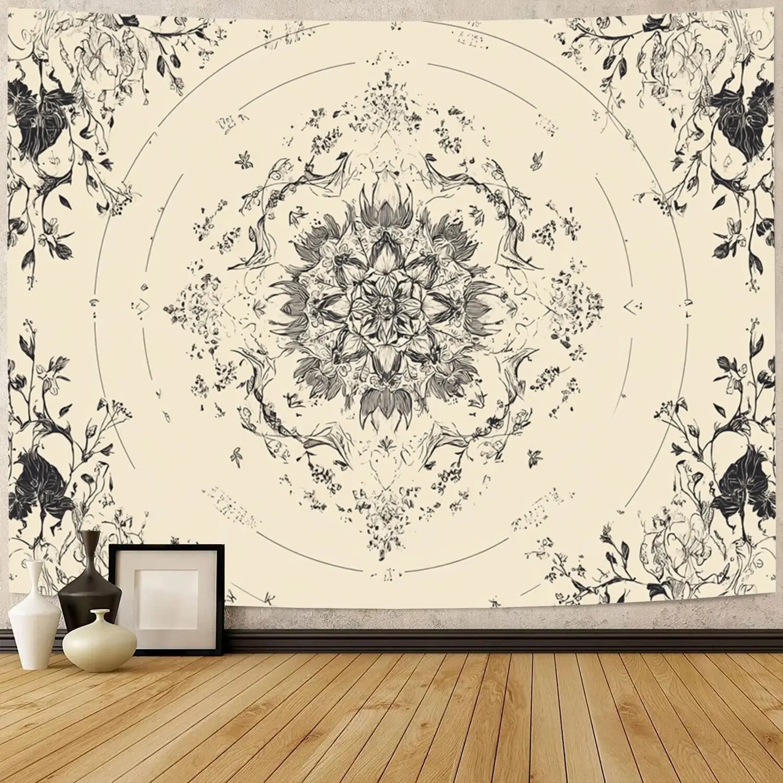 1pc Large Bohemian Mandala Tapestry with Black White Floral Mandala Pattern - Vertical Wall Hanging Suitable for, Boho Zen Den, Free Installation Guide Included