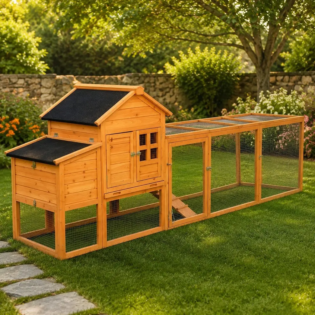 ARCH Large Weatherproof Wooden Chicken Coop for 4-6 Chickens, Indoor & Outdoor Poultry Hutch with Run, Nesting Box, Removable Tray, Sliding Door, Ramp, Asphalt Roof, 26.00" W x 122.00" D x 42.5" H, 60.00 lb, Orange