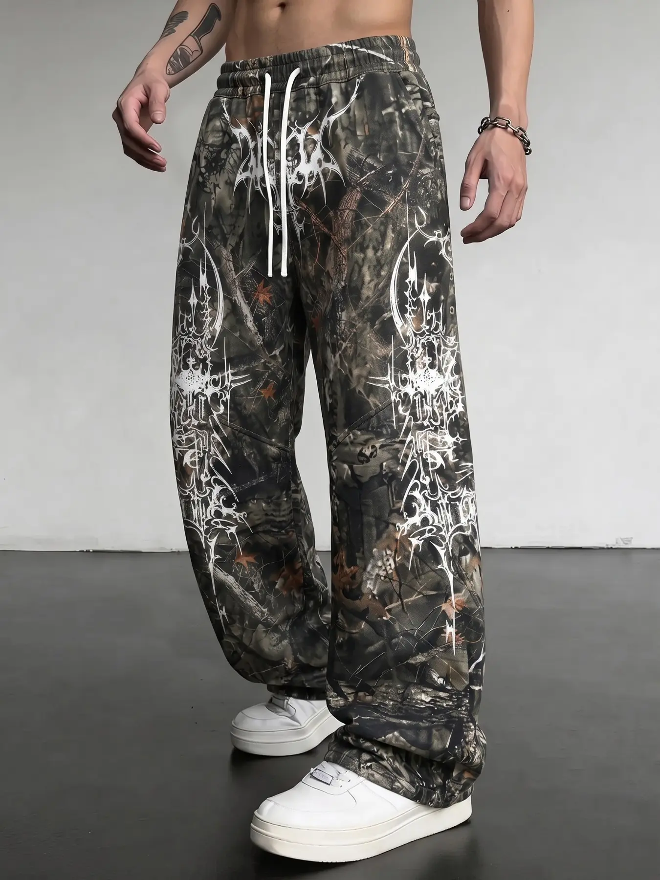 Polyester Fabric Men Elastic Drawstring Wide Leg Full Length Sweatpants, Real Tree Camo Gothic Cross Abstract Print Casual Trousers, Gauchos Pants Smartypants, Pants Royal Ascot Outfits, Menswear Clothing, Ropa De Hombre, Uomo Mens Clothing, Dark Punk Y2K