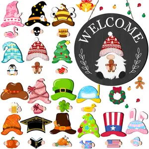 DIY Interchangeable Gnome WELCOME Sign, 32PCS Magnetic Mix & Match Wooden Door Hanger, Dark Rustic Wood Front Porch Farmhouse Decor