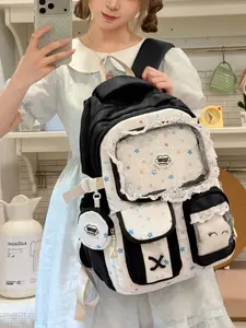 1pc Black White Splice Star Ita Backpack Lace Trim Clear Window Front Pocket Cartoon Plush Doll Charm Multi Compartment Daypack For Girls Middle High School Student