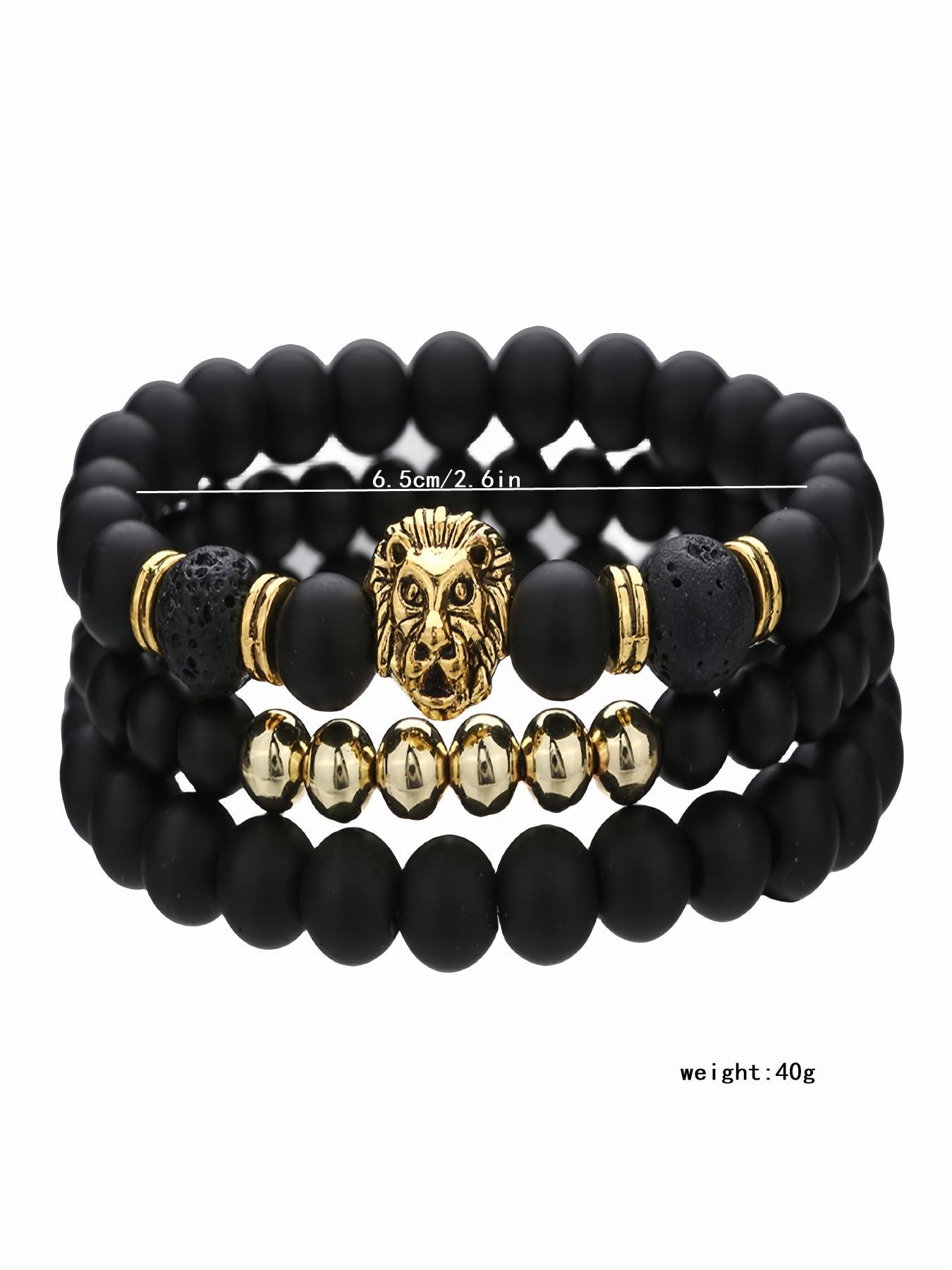 Men's Vintage Lion Head Decor Beaded Bracelets, Trendy Natural Stone Stackable Bracelets, Fashion Jewelry for Party, Daily Decor, Trendy Jewellery Accessories