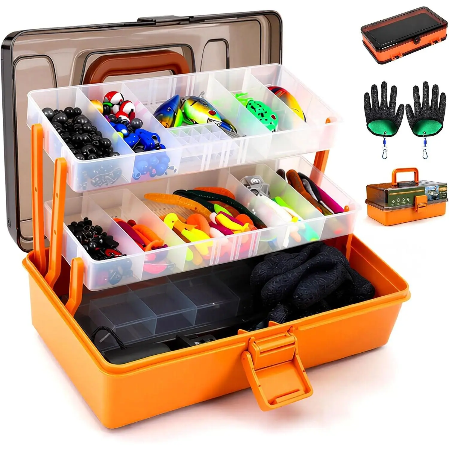 Large 3-Layer Tackle Box with Tackle Included, 417 count Fishing Lures Kit with Bonus Small 2-Sided Box & Gloves, Pliers, Crankbait, Hooks, Freshwater Bass Fishing Gear  for Men &
