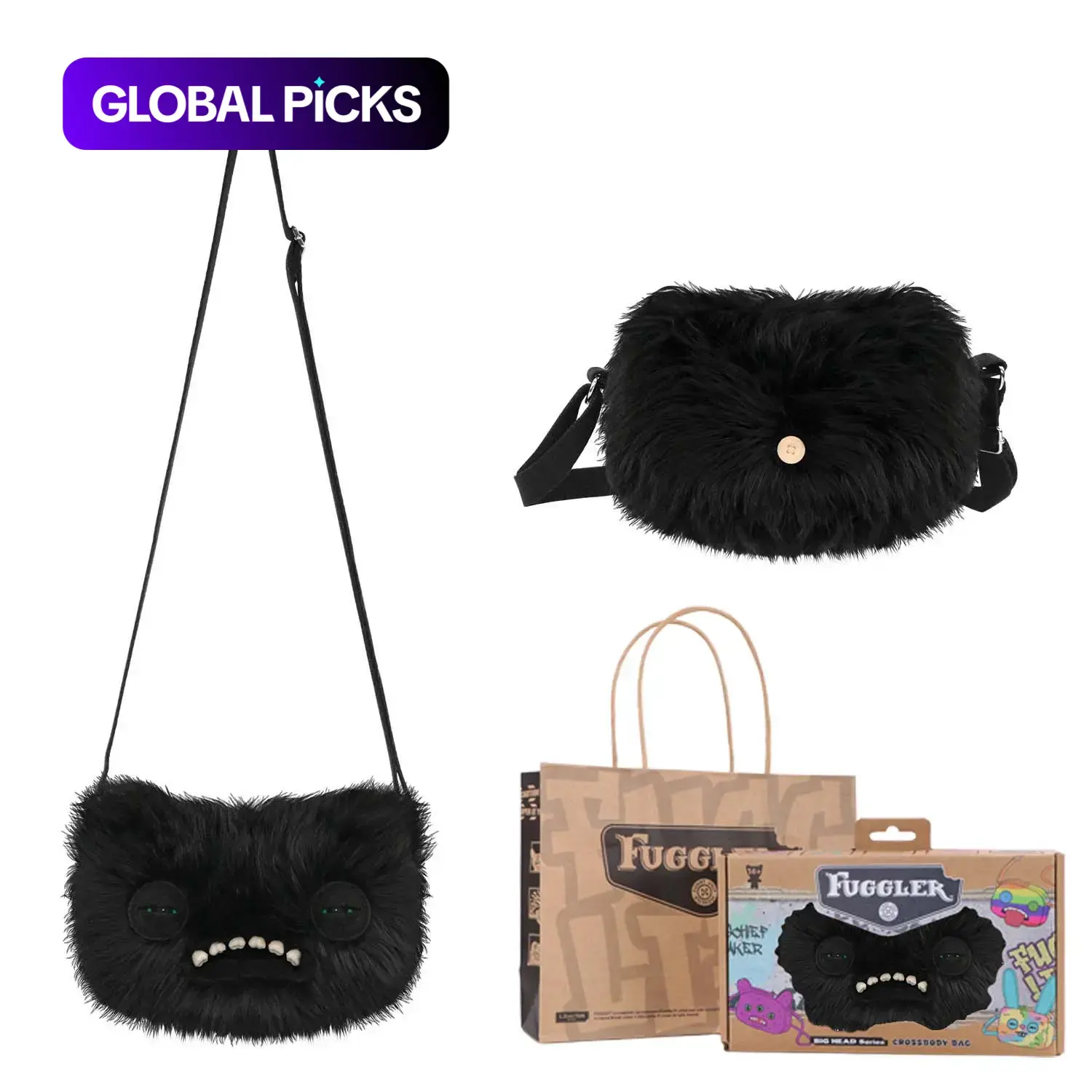Fuggler Plush Toothy Monster Doll Crossbody Bag, Shoulder Bag with Adjustable Strap, Comes with Gift Box & Paper Bag