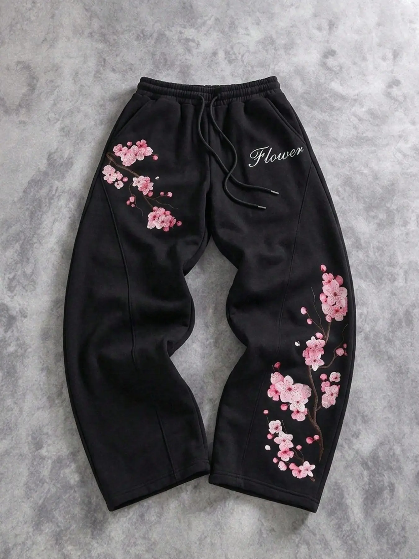 Men Streetwear Graphic Sweatpants, Printed Sweatpants, Black Casual Trousers With Cherry Blossom Floral & Script Letter Print, Elastic Drawstring Waist With Side Pockets, Soft Stretchy Fleece Relaxed Fit Pants For Asian Aesthetic Daily Hangout St