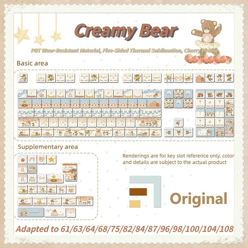 New 120-key Cream Bear Themed Side-Engraved Translucent Keycaps, CHERRY Profile Double-Shot PBT Material, Adopting 5-Side Dye-Sublimation Technology, Wear-Resistant, Anti-Shine, Mechanical Keyboard Keycaps, Gaming Keyboard Keycap