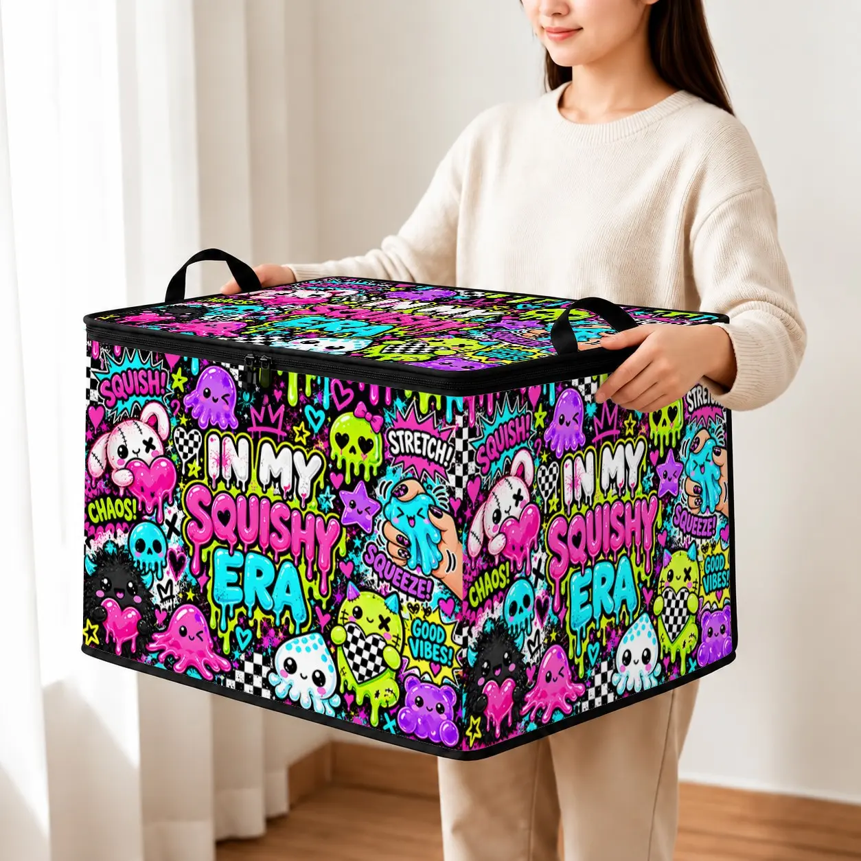 Large Capacity Zipper Storage Box, Soft Fabric Foldable Lidded Organizer, Trendy Graffiti Cartoon Design, Portable with Handle, Ideal for Clothes, Blankets, Towels, Christmas Gift