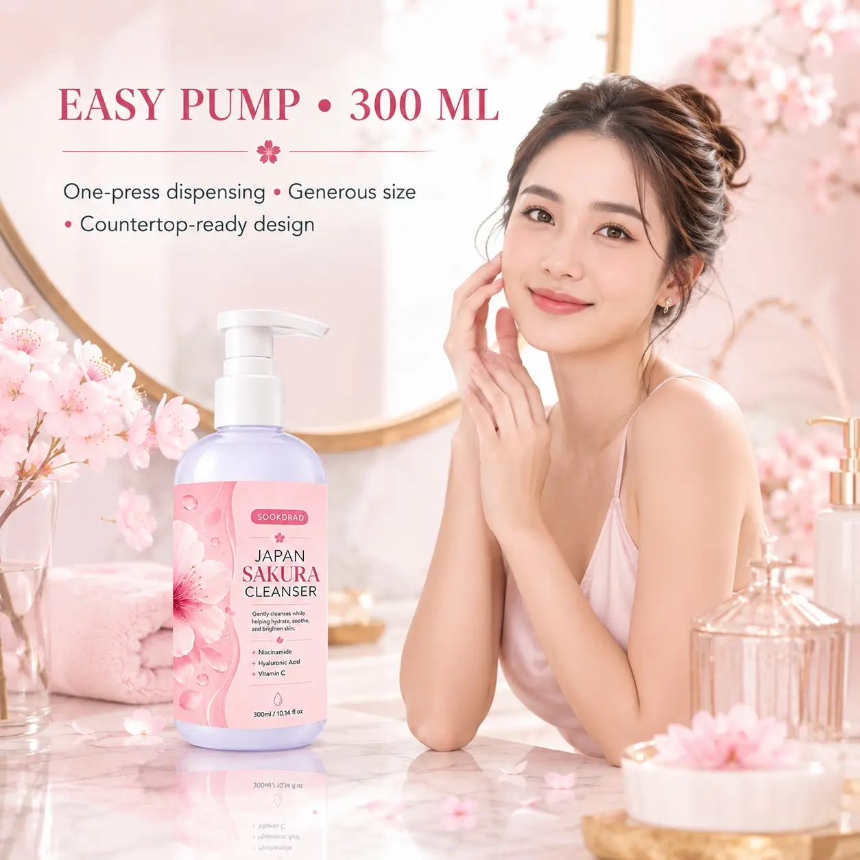 Japan Sakura Cleanser, containing Niacinamide, Hyaluronic Acid, Vitamin C, gentle cleansing, hydrating, soothing, brightening, facial cleanser, all skin types, daily skincare, 300ml/10.14 fl oz