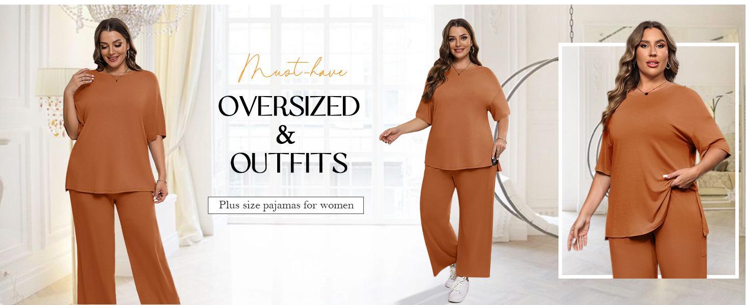 【XL-5XL】Imily Bela Curve Womens Plus Size Lounge Sets Short Sleeve Tops Wide Leg Pants 2 Piece Outfits Tracksuit with Pockets