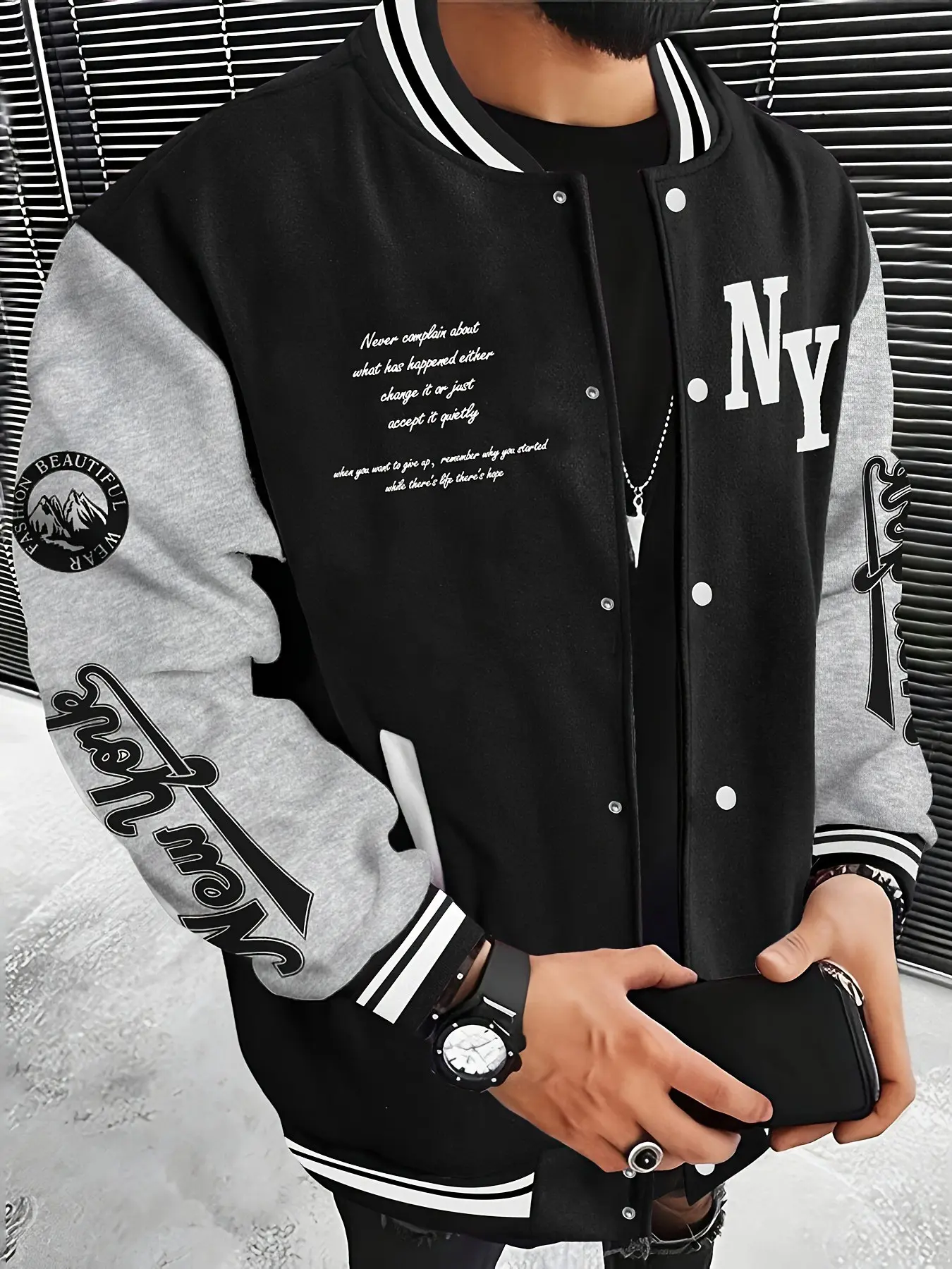 American Style Colorblock Baseball Jacket, Patchwork Soft Knit Fabric, Letter Print, Ribbed Neck, Button Closure, Streetwear Fashion