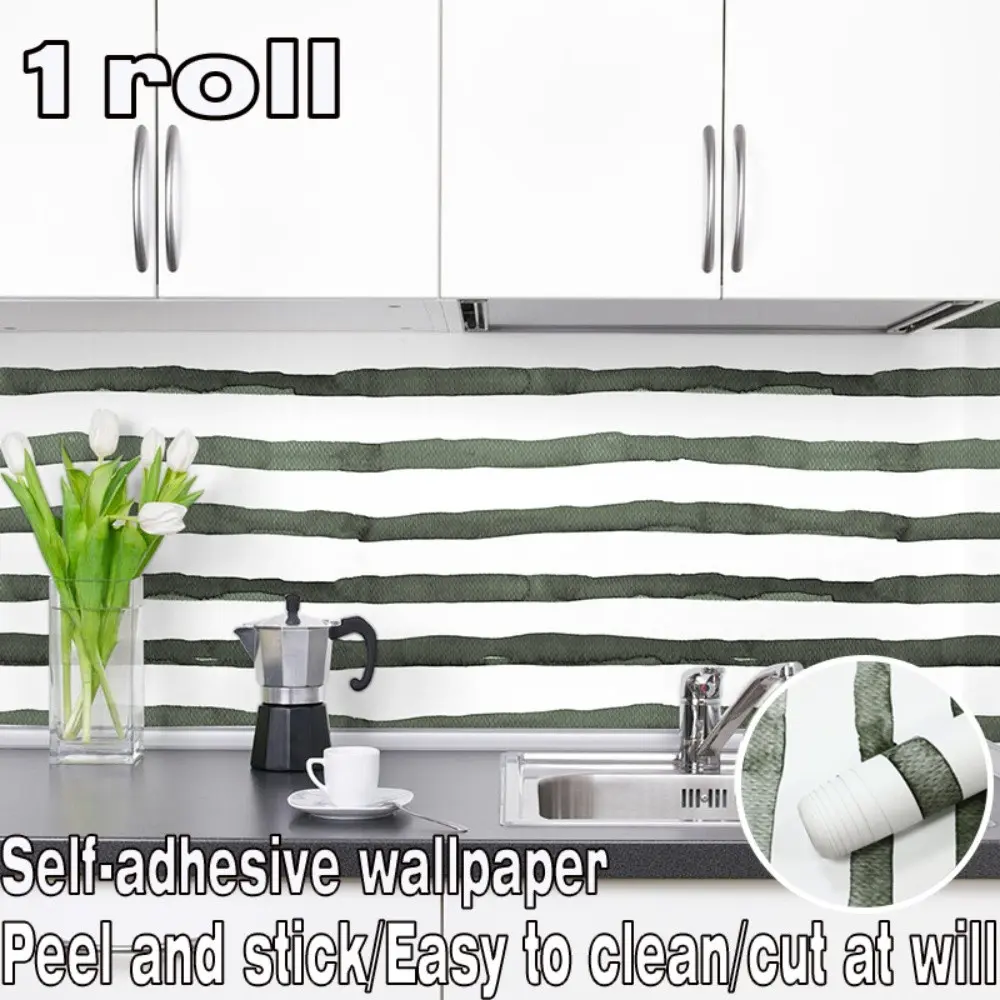 1 roll of minimalist green striped self-adhesive wallpaper. Easy to paste, clean, and trim; removable. Ideal for decorating walls and furniture in living rooms, bedrooms, dining rooms, TV accent walls, and more. Perfect for home decoration.