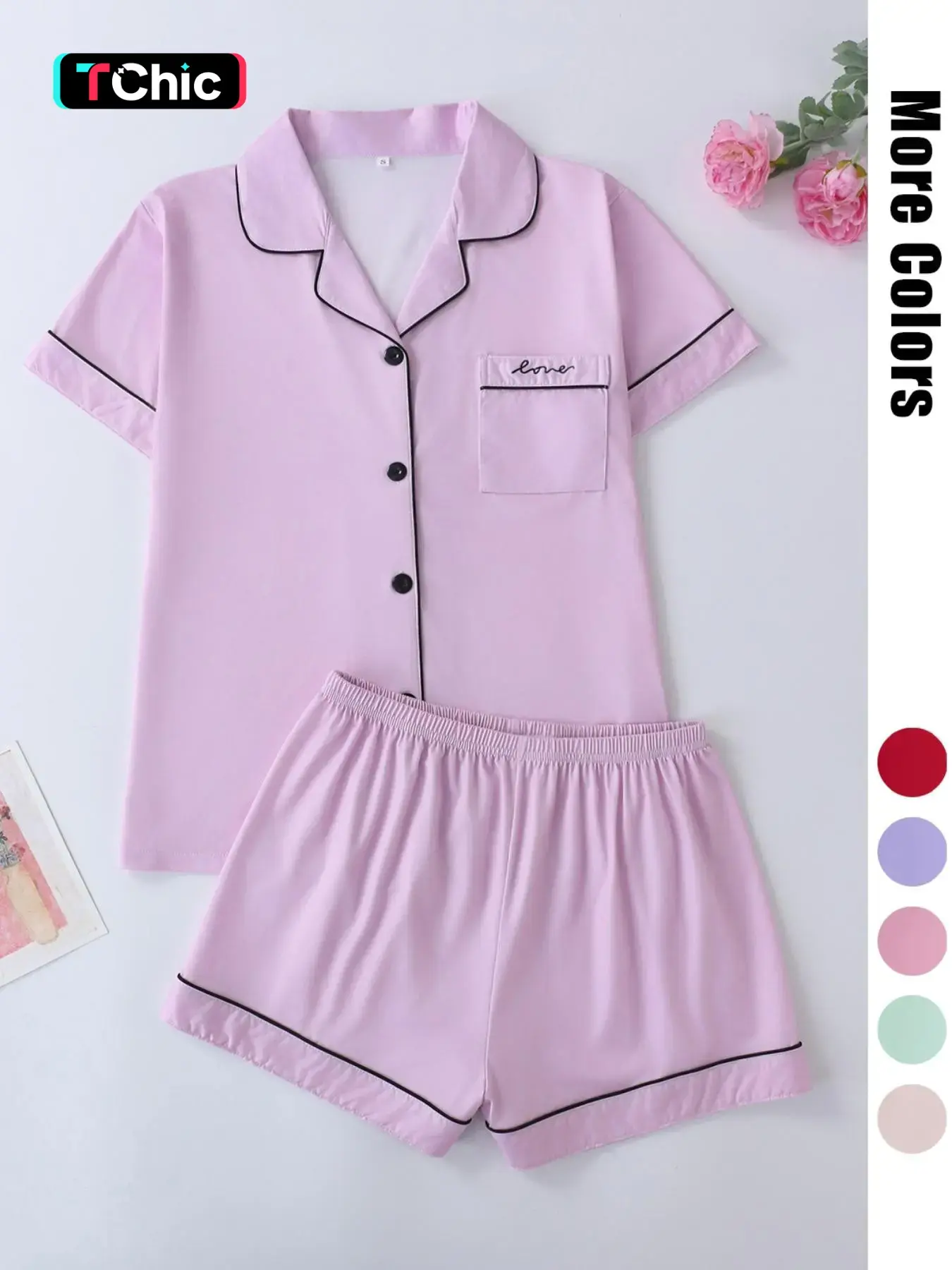 Women's Elegant Sleepwear & Loungewear Set, Nightwear Outfit, All-Over Print Fitted Pajamas, Button Front Short Sleeve Top & Comfortable Shorts, Simple Style, Soft Stretchy Homewear