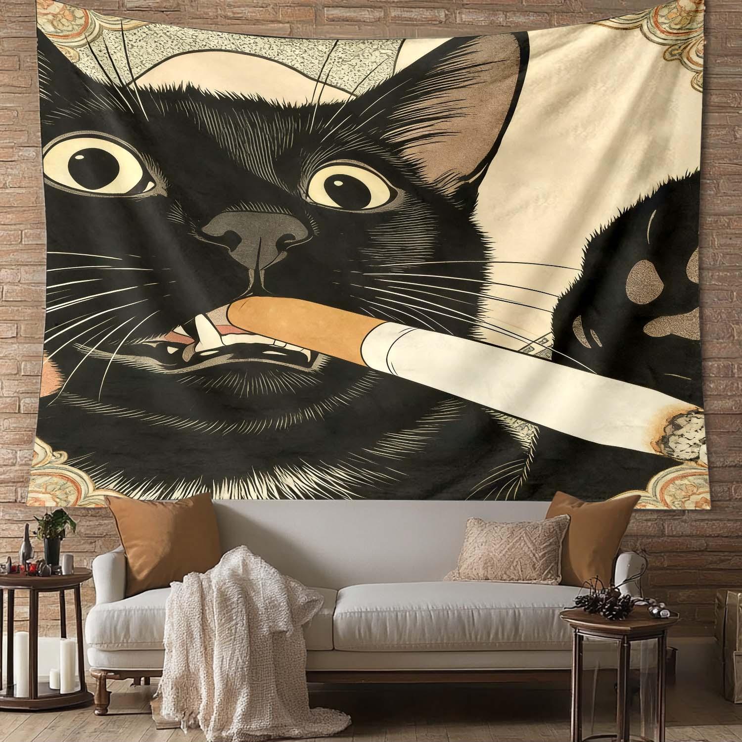 Distinctive Cat Tapestry, Humorous Illustration of a Smoking Cat, Large Artistic Wall Hanging, Decorative Background Cloth, Perfect for Living Room or Bedroom, 1 pc