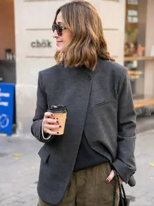 Women's Asymmetric Blazer, New Arrivals Demi-Season Jacket, Business Casual Fitted Long Sleeve Stand Collar Outerwear, Elegant Womenswear, Women's Jackets, Drak Gray