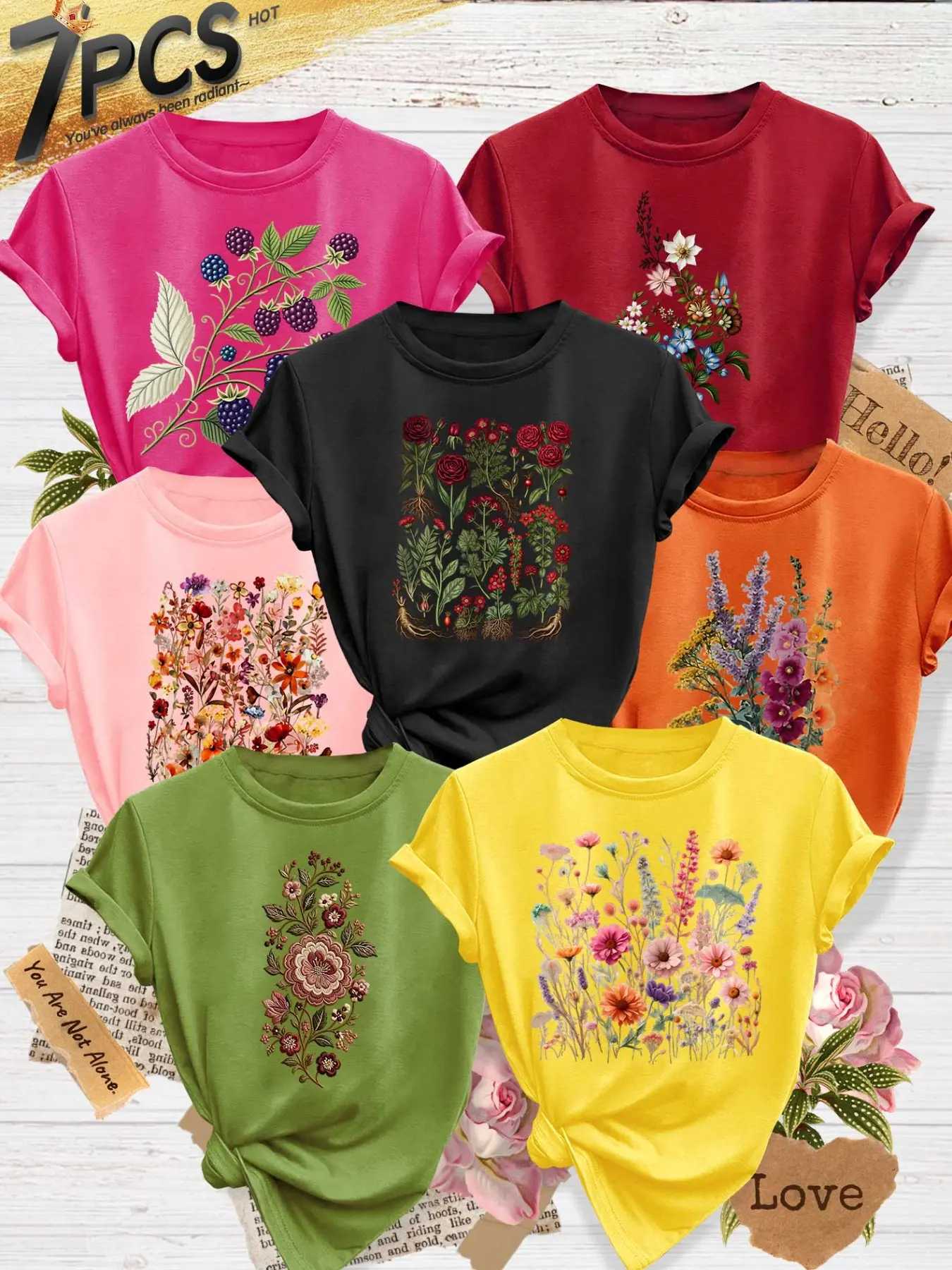 7Pcs Women Heather Crew Casual Tee, Berry Herbal Vintage Hand Drawn Floral Print, multi-color, washable, soft spring summer tee
