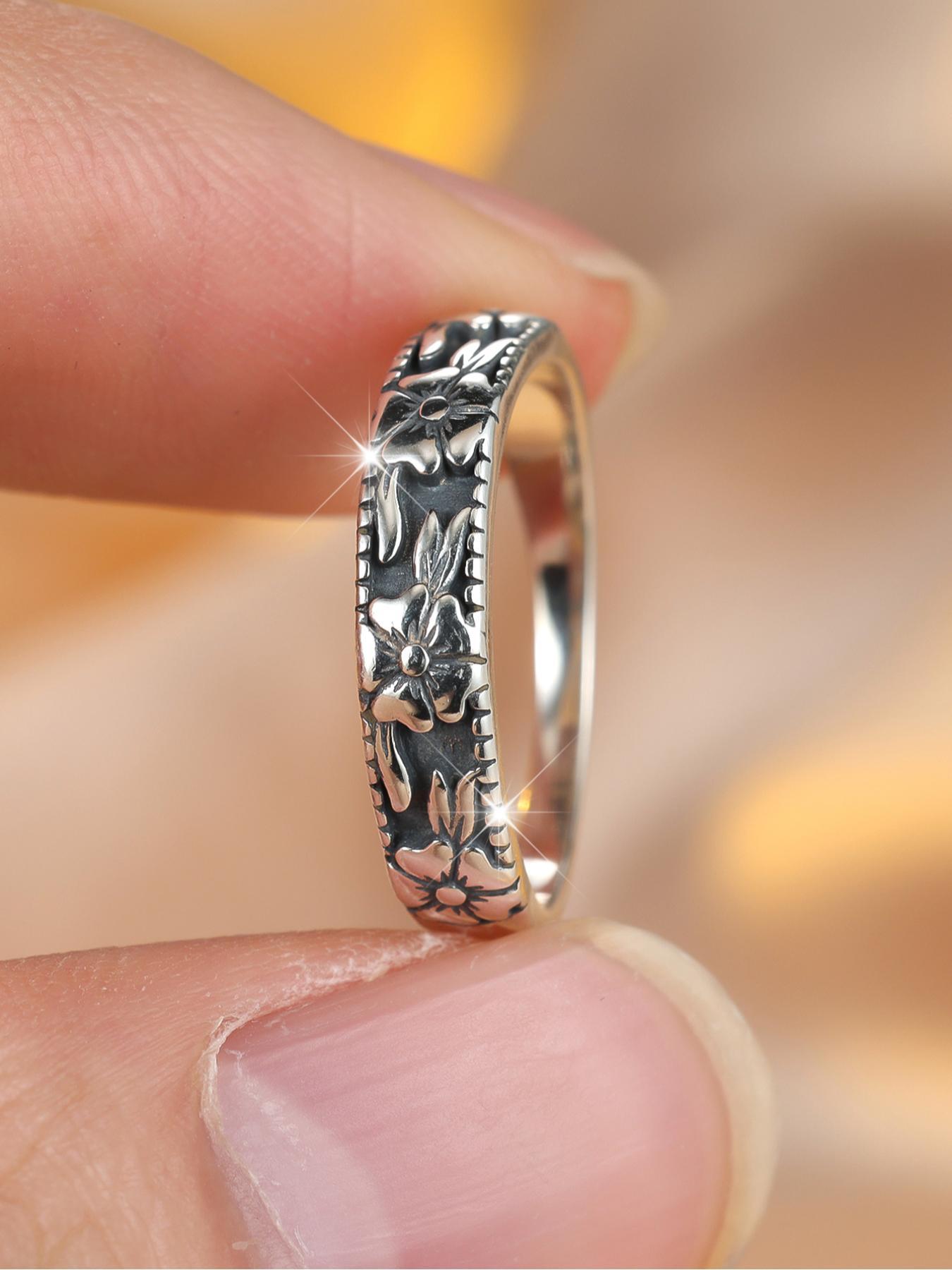 S925 Sterling Silver High Purity Material Vintage Flower Embossed Unique Embossing Ring, Unique Rings, Fashion Accessories for Women & Girls, Trendy All-match & Exquisite Jewelry for Birthday Gift