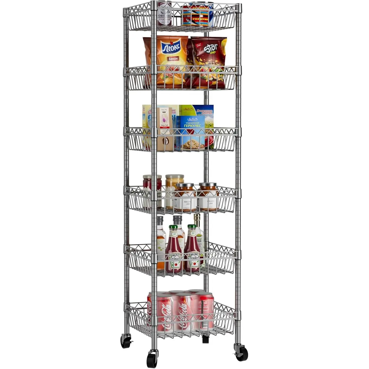 Basket Shelves Closet Rack with Wheels Metal Pantry Wire Shelf Unit | 6 tier Storage Rolling Shelving Bathroom Organizers Kitchen Garage Laundry Room Organization  13.6"Dx13.6"Wx63"H Grey