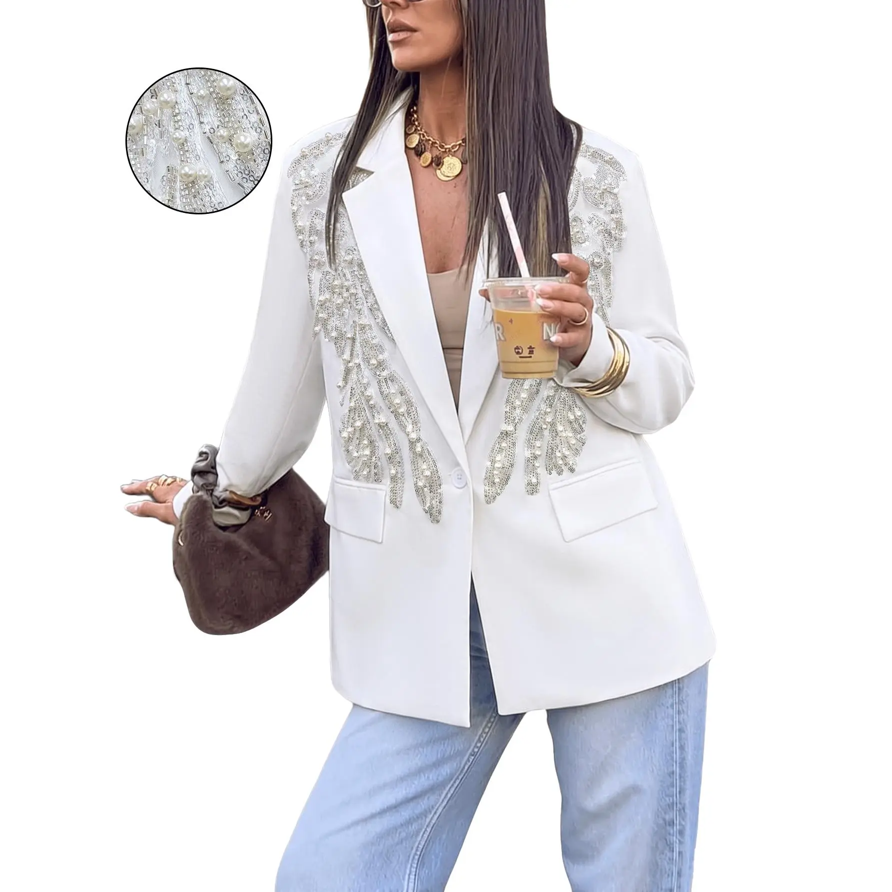 Women White Notched Lapel Single Button Blazer 3D Daisy Floral Embroidery Applique Long Sleeve Suit Jacket Elegant Luxury Wedding Guest Formal Office Dinner Party Streetwear Dressy Outerwear