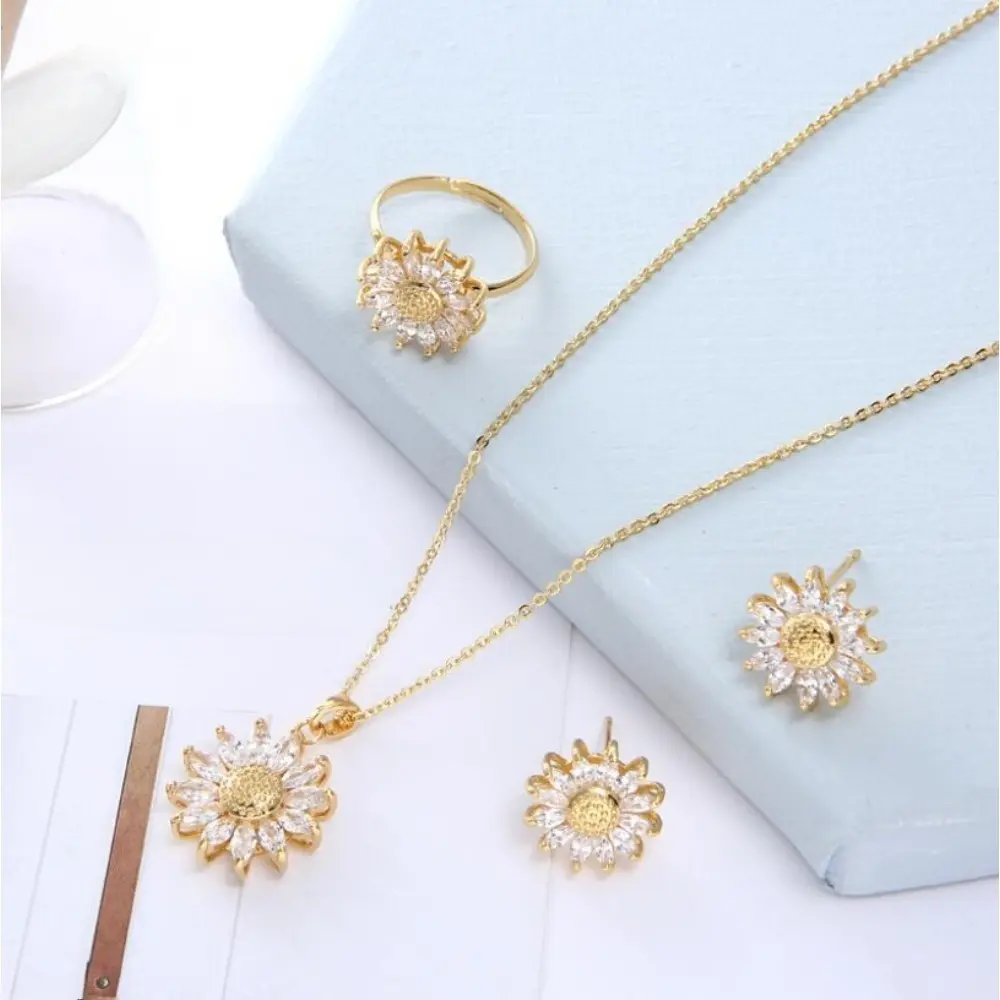 Hot Selling Copper Plated Micro Pave Zircon Daisy Sunflower Jewelry Set For Women Earrings Ring Necklace 3Pcs Bridal Wedding Jewelry Premium Shiny Versatile Accessory Perfect For Wedding Party Daily Wear Gift