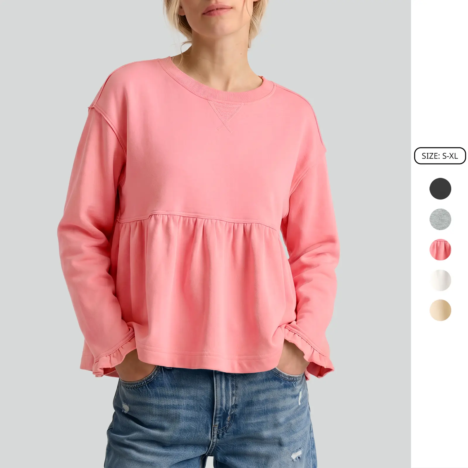 Imily Bela Women Peplum Sweatshirt Ruffle Cuff Long Sleeve Crew Neck Babydoll Pullover Loose Flowy Casual Tunic Tops for Daily Wear