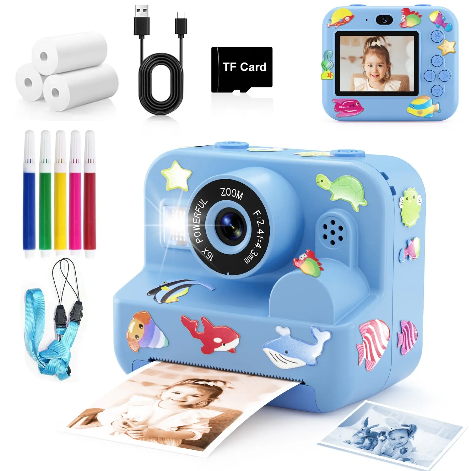 Colorful Instant Printing Camera, 16x Digital Zoom, HD Digital Camera Comes with SD Card, 4-Color Print Paper, DIY Instant Color Photo Printer for Christmas Birthday Gift