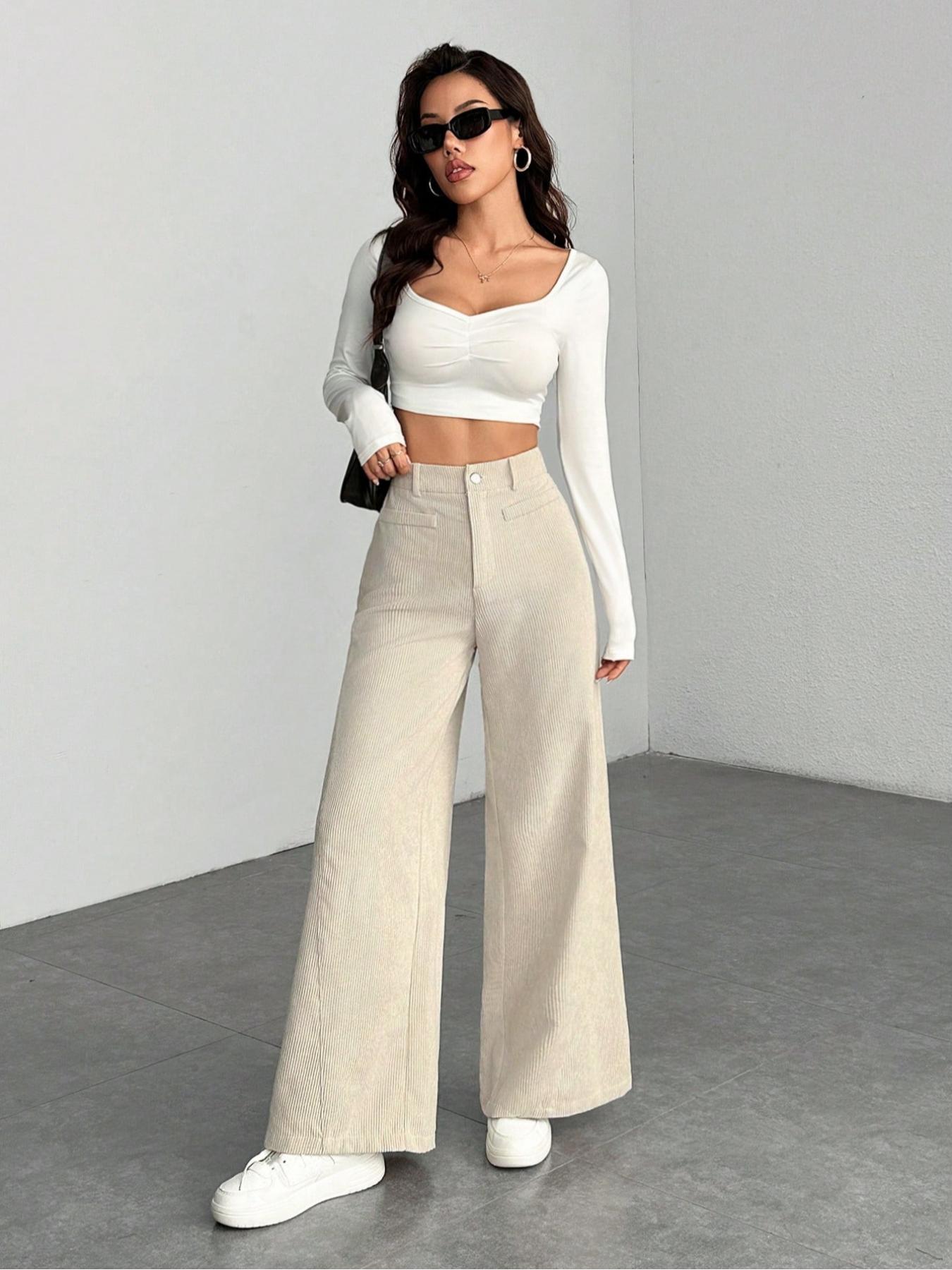 Women's High Waist Wide Leg Corduroy Pants, Casual Straight Fit Long Trousers, Comfortable All-season Solid Color Design, Womenswear