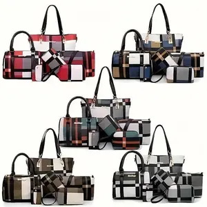6-piece set of large-capacity checkered style bag combination, including handbag, crossbody bag, clutch, long wallet and short wallet, covering all types. It is simple, versatile and extremely.(Raincoats)(Sheets)