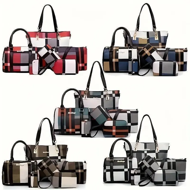 Women's 6-Piece Large-Capacity Checkered Bag Set - Handbag, Crossbody Bag, Clutch, Long Wallet, Short Wallet - Simple, Versatile Purses For Women