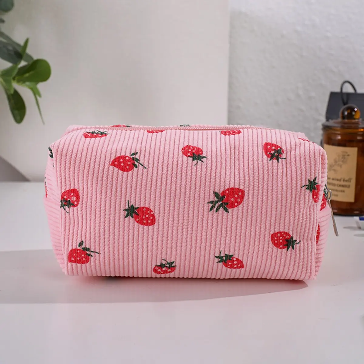 Cute Strawberry Print Pencil Case, Corduroy Zipper Pen Pouch, Portable Stationery Organizer for Students, School Supplies, Daily Storage, Back to School Gift