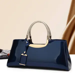 Sophisticated PU Patent Leather Handbag for Women Top Handle Tote Bag Solid Color Shoulder Purse with Zipper Closure for Wedding & Evening