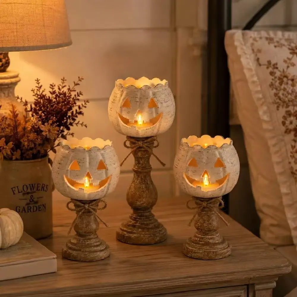 Three-Piece Retro Pumpkin Lantern Candle Holder Set, Perfect for Holidays, Weddings, Birthdays, Parties, Ideal Gift Decor