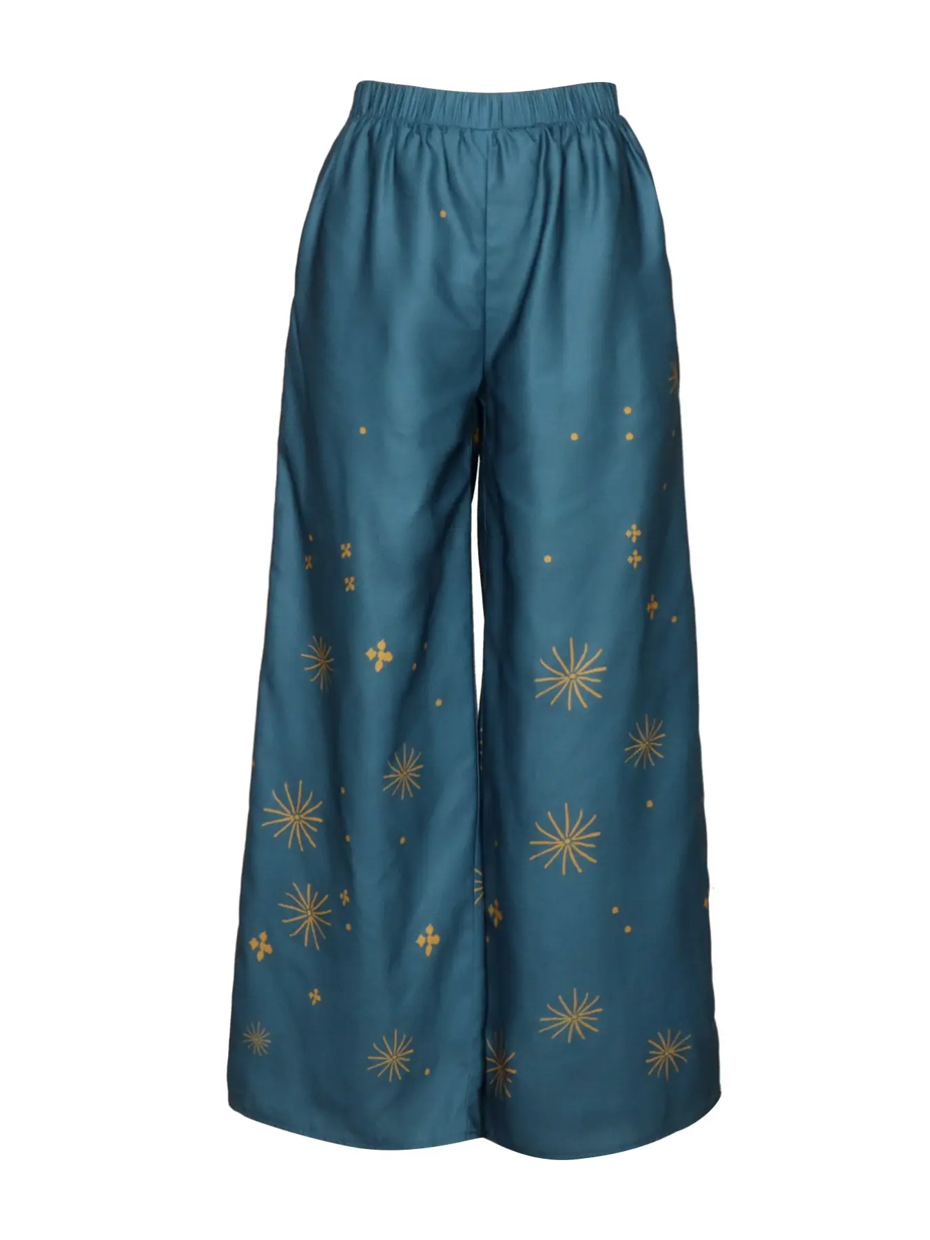 Boho Style Blue Base Fireworks Print Wide Leg Pants, High Waist Elastic Waistband, Pockets, Casual Summer Women's Pants