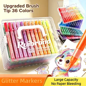 Ruibrand 36-Color Glitter Brush Markers, Premium Shimmer Gel Pens, Flexible Soft Tips, No Bleed-Through, Ideal for Crafting & Art