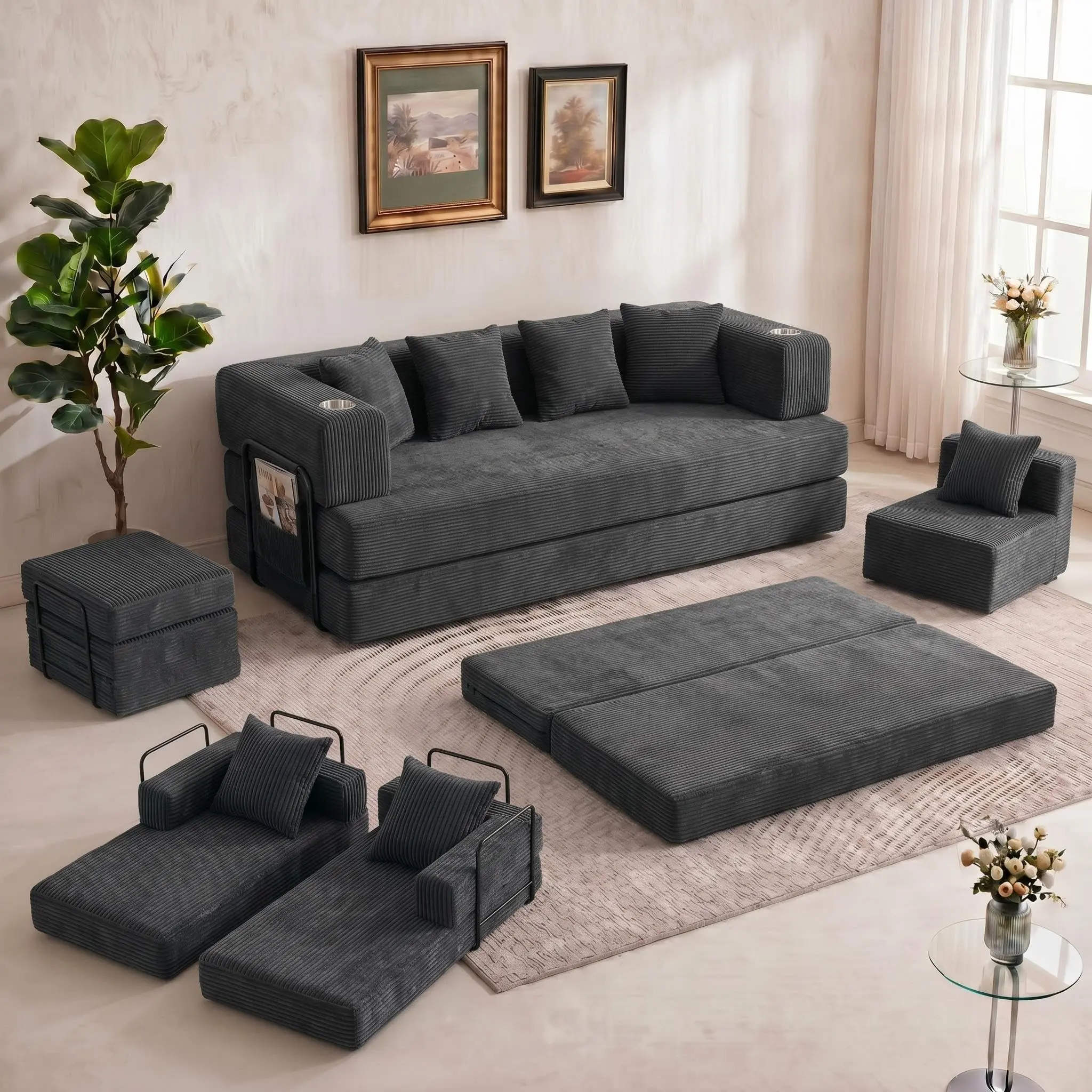 5-in-1 Convertible Floor Sofa Bed – Modern Corduroy Futon Couch, 79" Deep Seat Boneless Mattress, No Assembly, 4 Pillows, Space-Saving Sleeper for Living Room, Apartment, Small Spaces, Pink